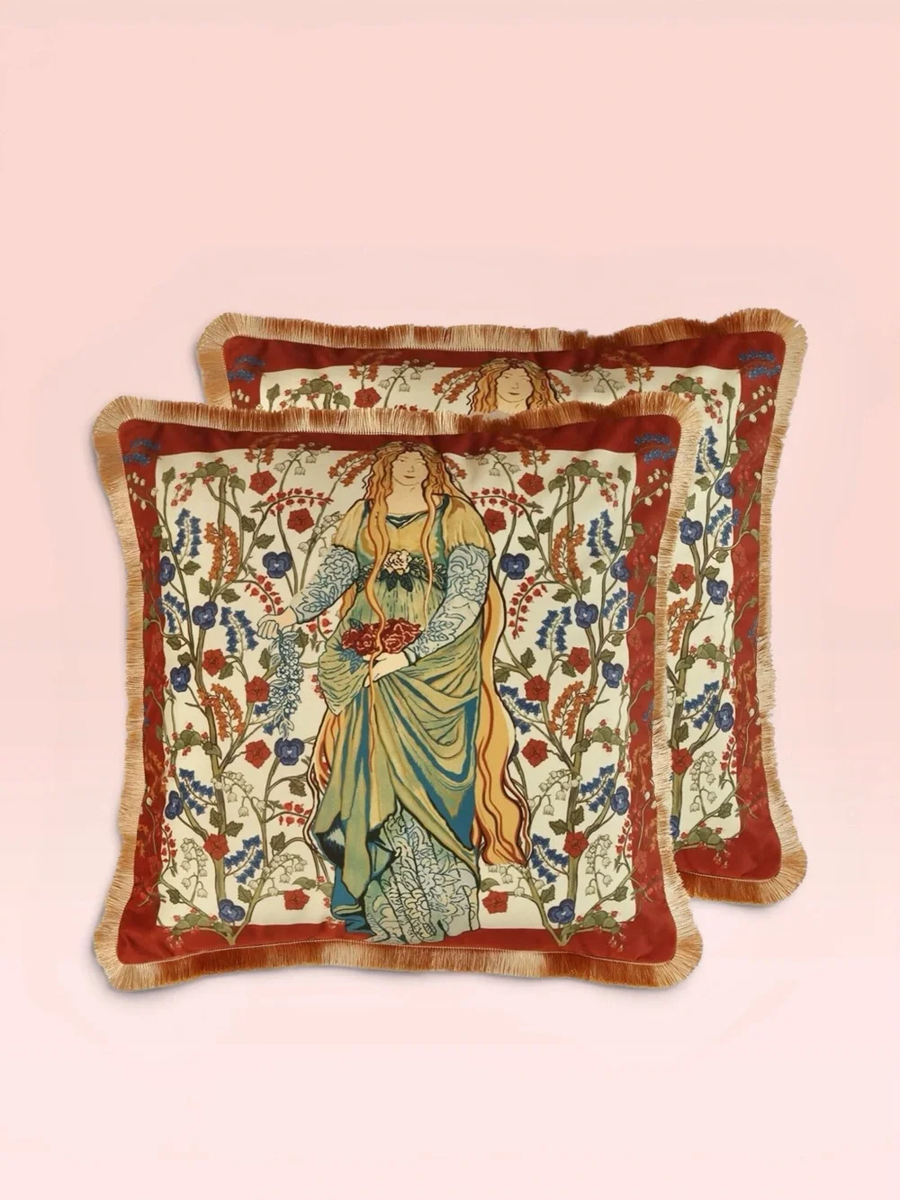 Two NWOT Red Velvet Pillow COVERS Blue Burgundy Gold Art Nouveau Fairy Style